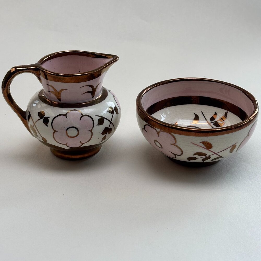 Vintage Mini Ceramic Nesting Jug and Bowl- Floral Pink and Copper